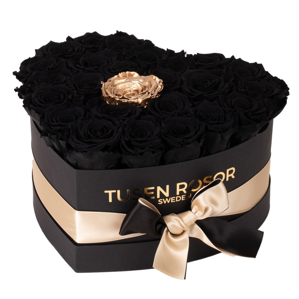Svarta & 24k guld rosor | Hjärtbox Tusen rosor